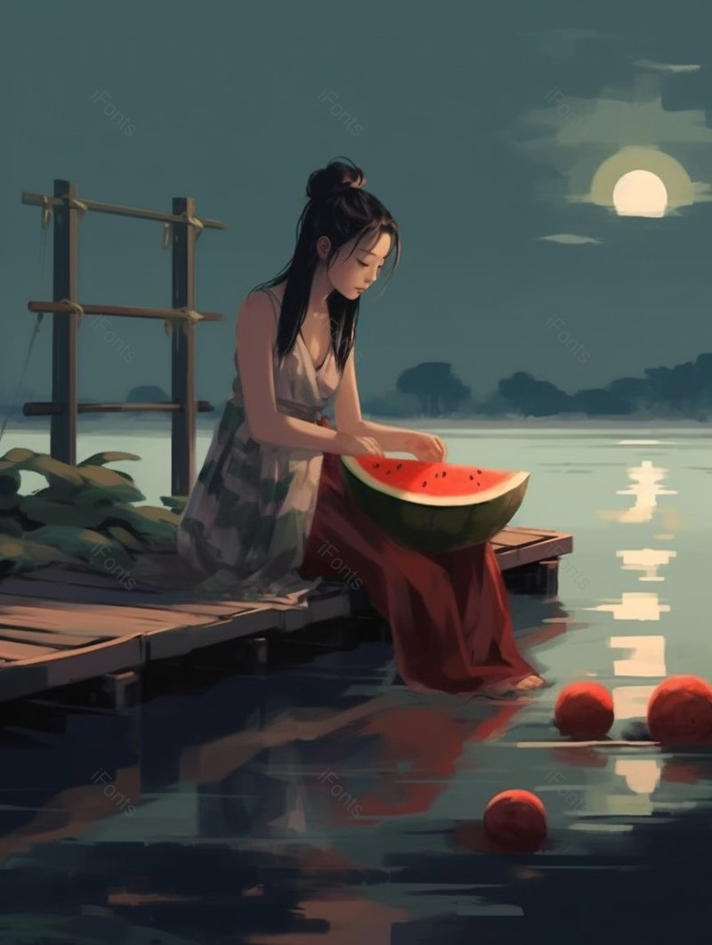 绿色夜晚坐在池塘边吃西瓜的少女背景,插画/手绘图,插画/手绘图库,插画/手绘图下载,插画/手绘